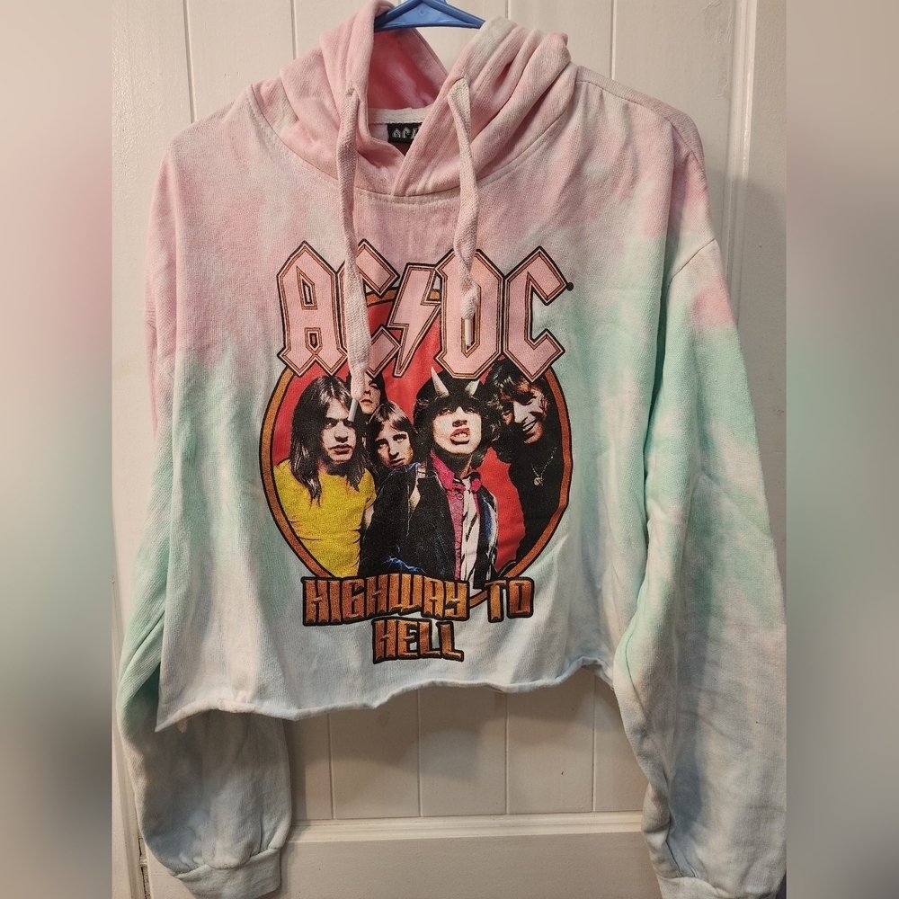 AC/DC pink, greennand blue tie dye cropped pullover hoodie. Size L - Picture 2 of 5